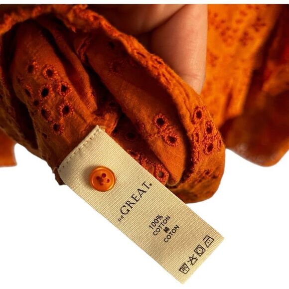 The GREAT. Eyelet Ruffle Flutter 3/4 Sleeve Top  Spice Orange Size 2 M Peasant - Picture 11 of 15